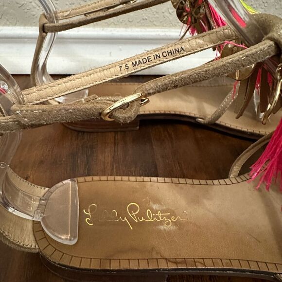 LILLY PULITZER Zoe Sandals Metallic Leather Fringed Ankle Strap - Picture 8 of 10